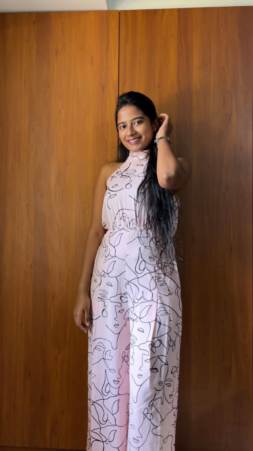 Buy Berrylush Pink Abstract Printed Halter Neck Basic Jumpsuit