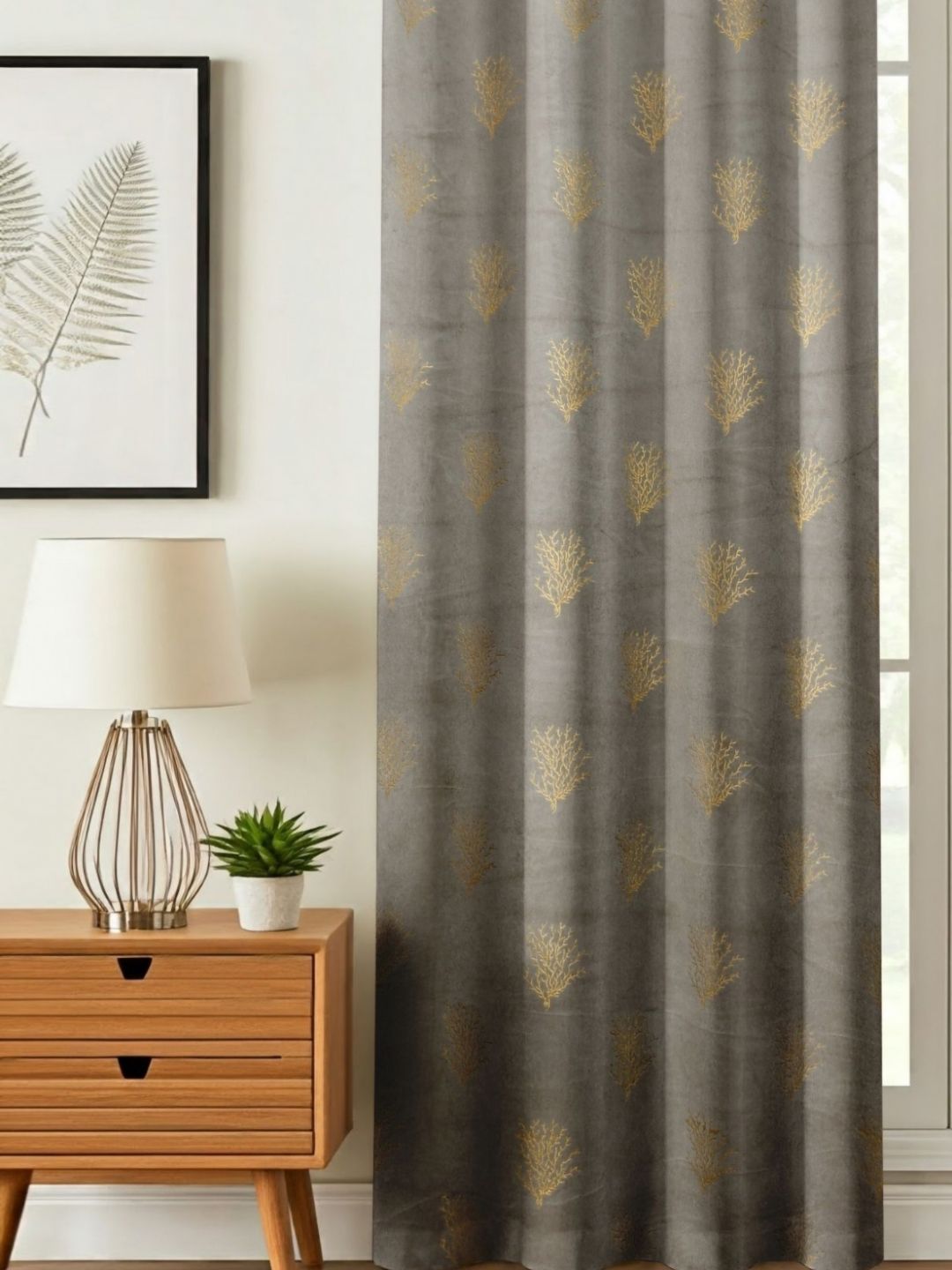 GEET CREATIONS Grey & Gold-Toned Floral Printed Room Darkening Velvet Long Door Curtain-image-13