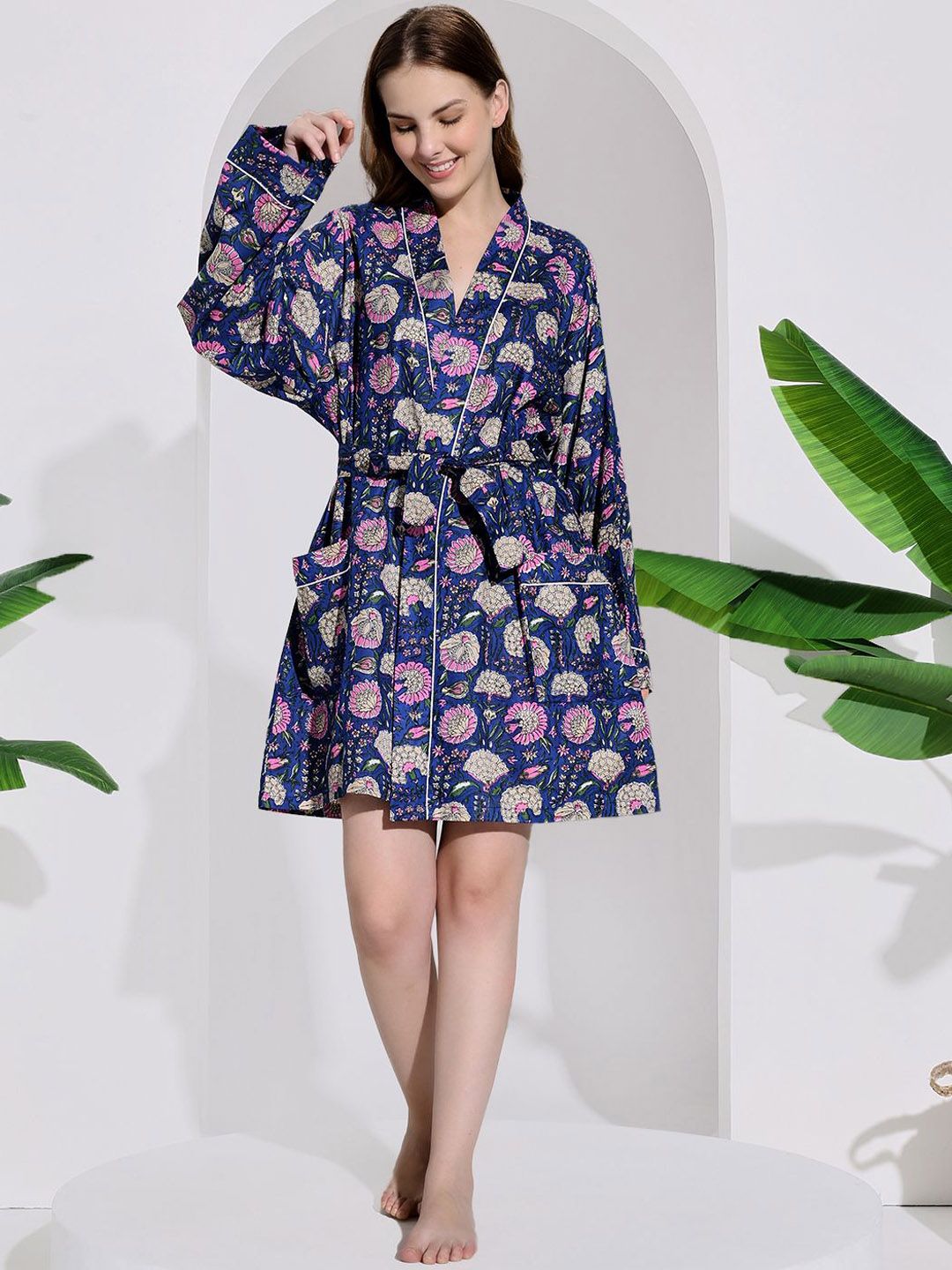 HANDICRAFT PALACE Floral Printed V-Neck Pure Cotton Bath Robe-picture-22