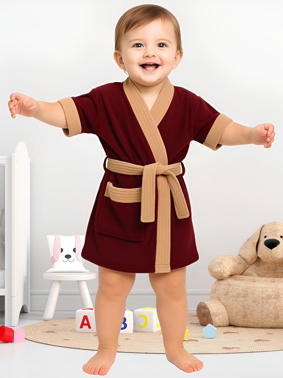 Creeva Kids Shawl Collar Knee Length Bath Robe With Belt-picture-20