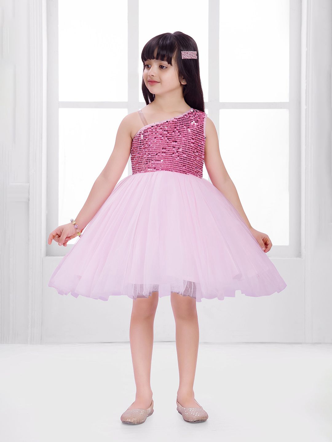 Ministitch Girls Embellished One Shoulder Net Fit & Flare Dress-picture-34