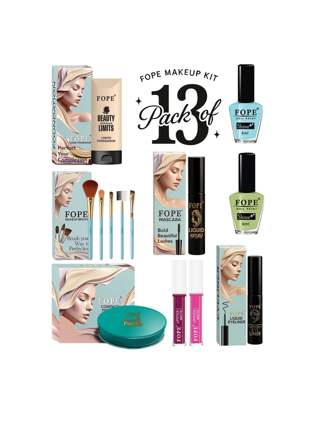 FOPE Set Of 13 Foundation, Compact, Nail Polish, Mascara, Kajal & Makeup Brush Set-image-18