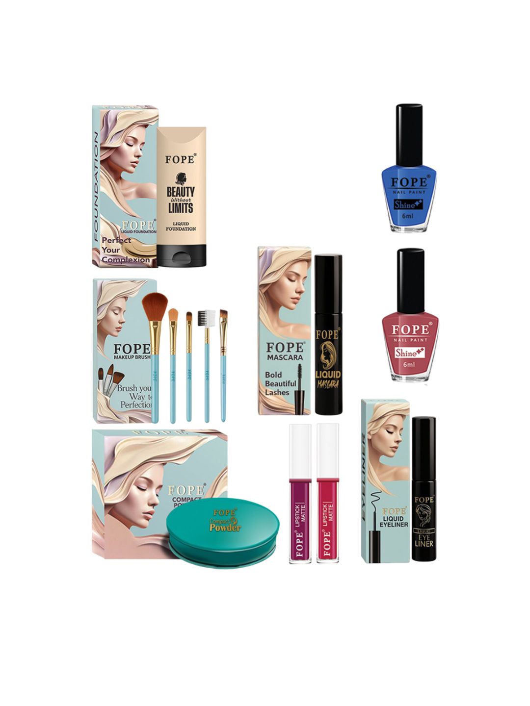 FOPE Set Of 13 Lipstick, Eyeliner, Compact Powder, Foundation Nail Polish & Makeup Brushes-image-32