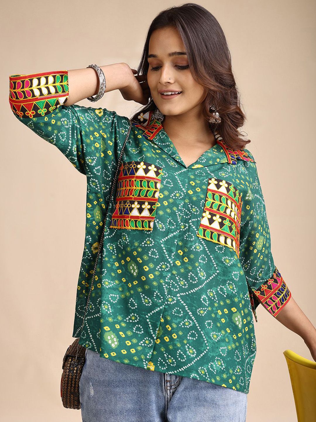Youthnic Women Bandhani Printed and Embroidered Shirt Collar Tunic-picture-24
