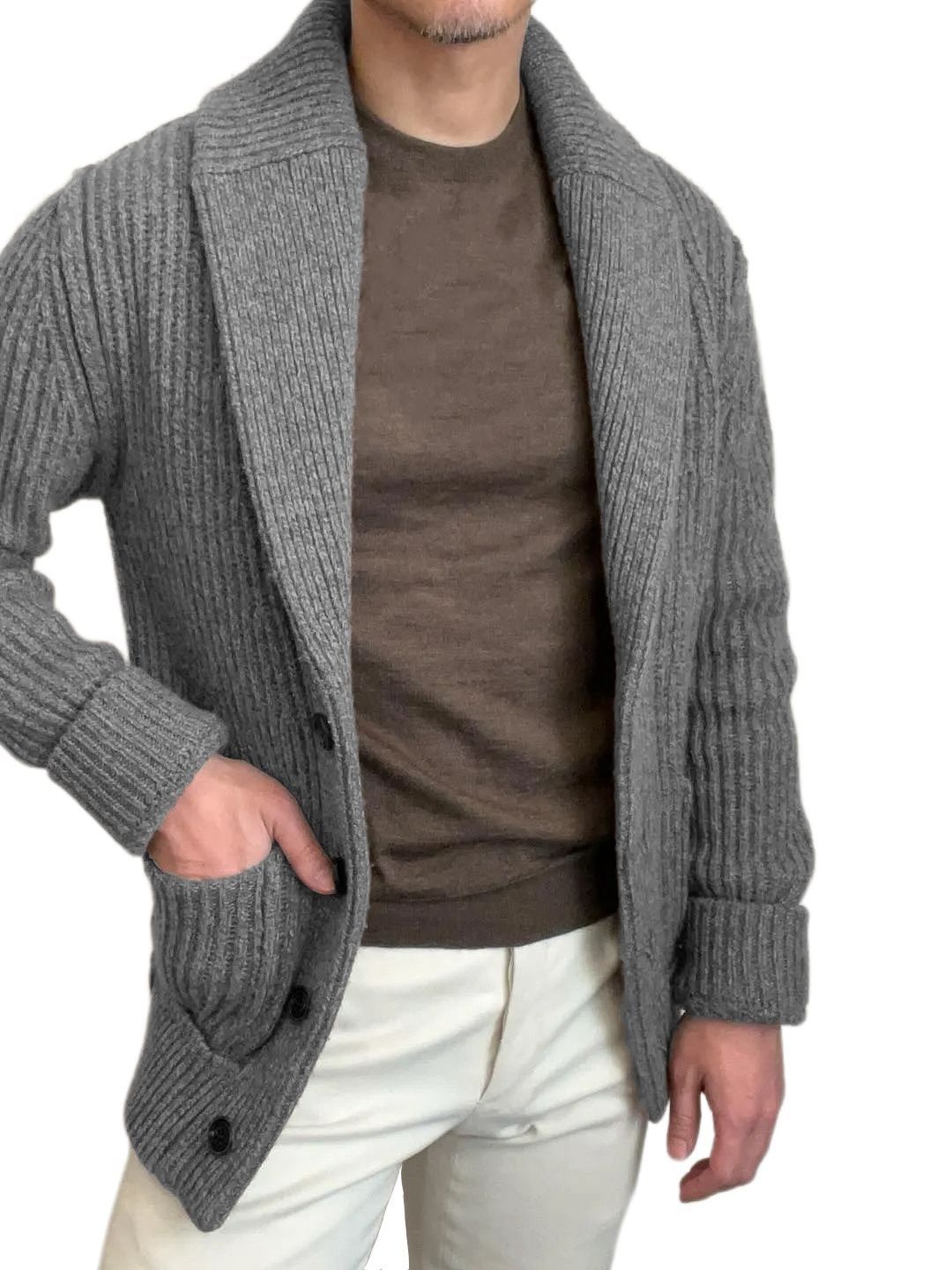 HERE&NOW Self Design Lapel Collar Long Sleeves Front Open Sweaters-picture-17