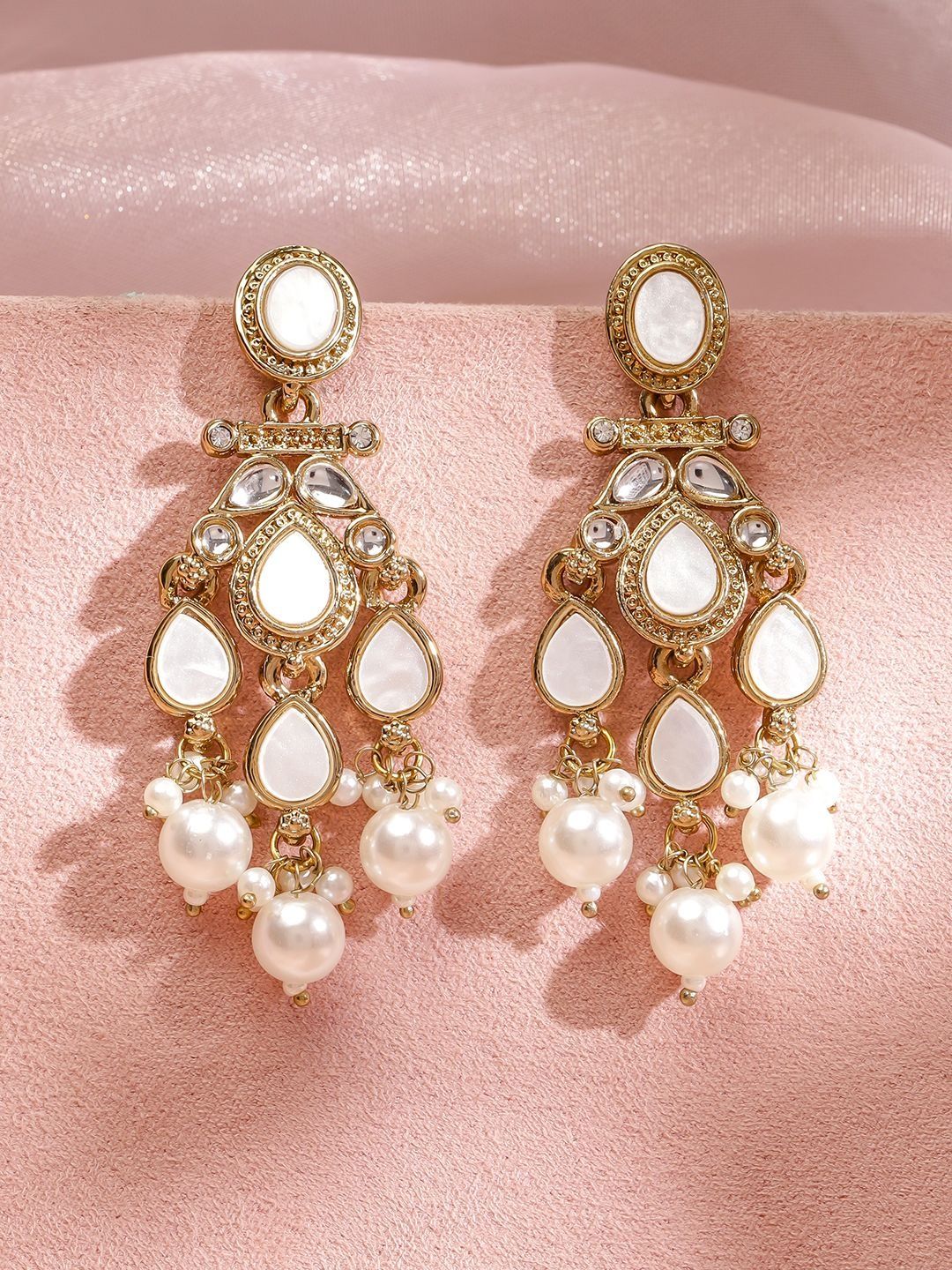 Rubans 22K Gold-Plated Kundan Studded Chandelier Teardrop Shaped Drop Earrings-image-25