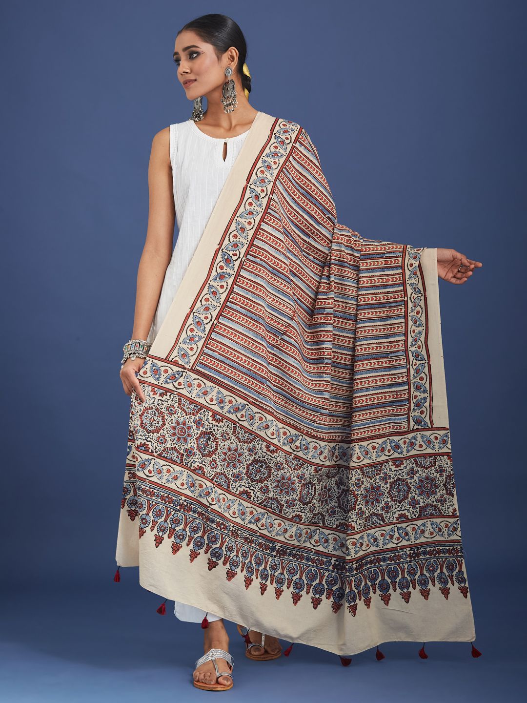 Taavi Ethnic Motifs Ajrakh Block Printed Pure Cotton Dupatta-picture-28