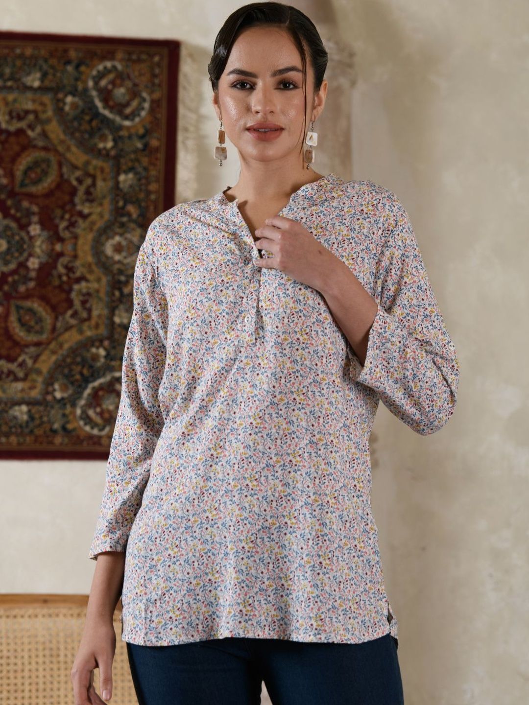 Saraj Floral Print Mandarin Collar Roll-Up Sleeves Top-picture-41