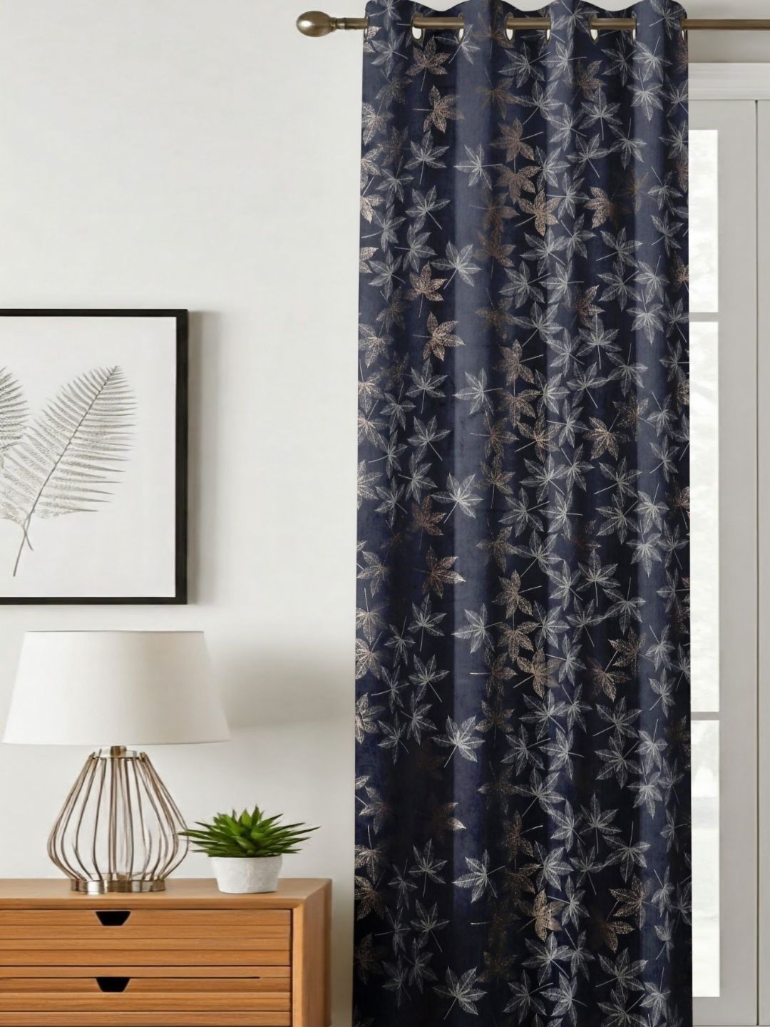 GEET CREATIONS Navy Blue & Beige Floral Printed Room Darkening Velvet Long Door Curtain-image-39