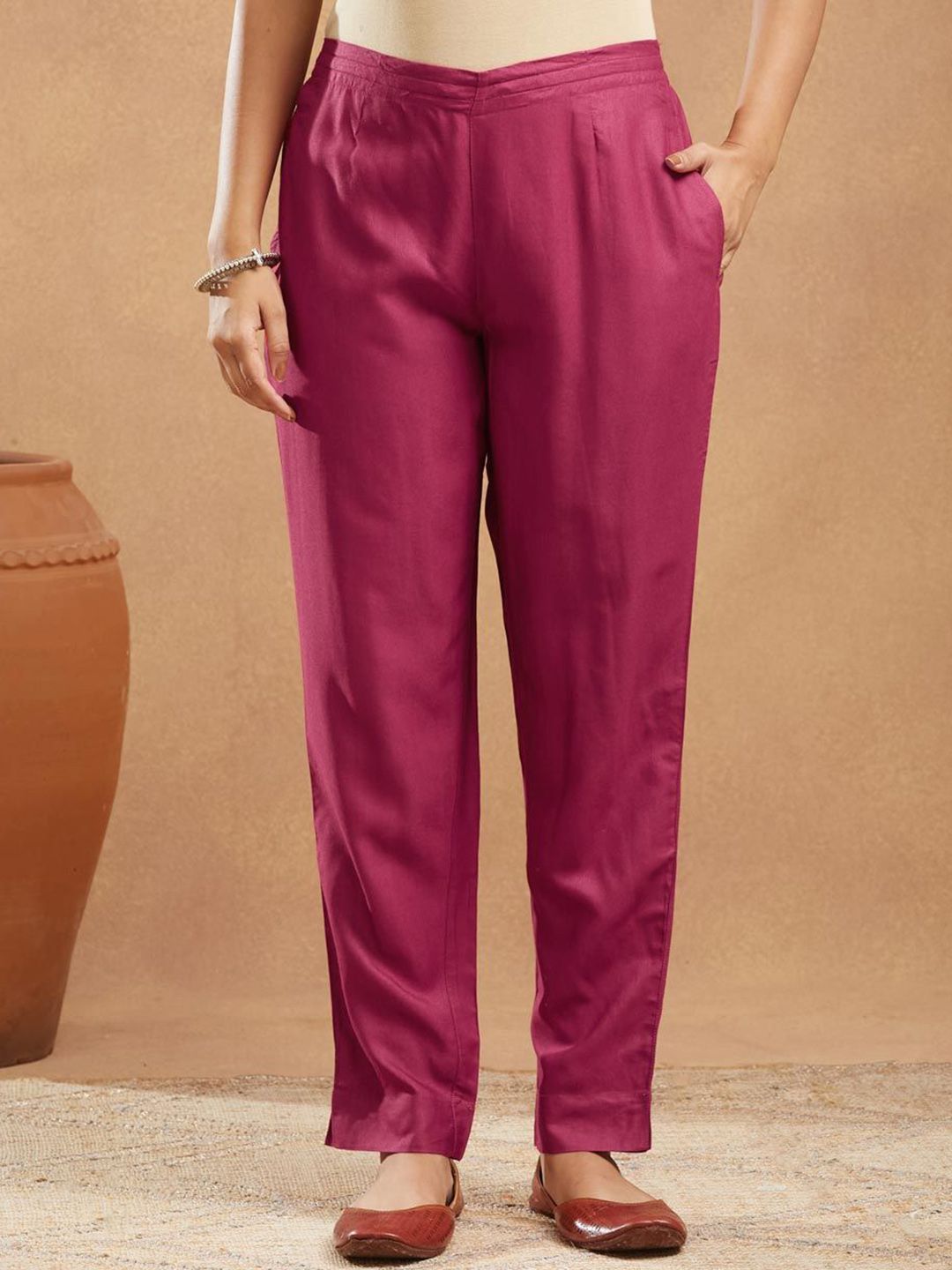 Fabindia Women Pleated Ethnic Mid-Rise Regular Fit Regular Trousers-picture-21