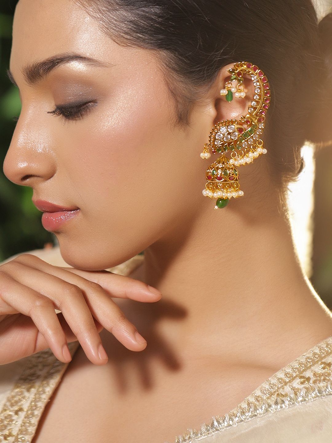 Women Gold-Plated Stone-Studded Pearl-Beaded Jhumkas