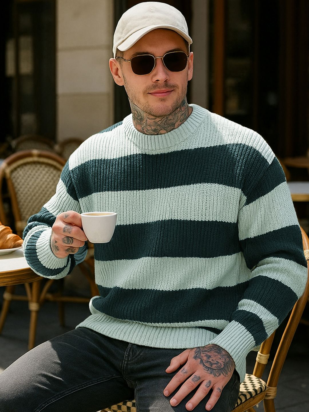 Bewakoof Men Green Striped Oversized Sweater-picture-21