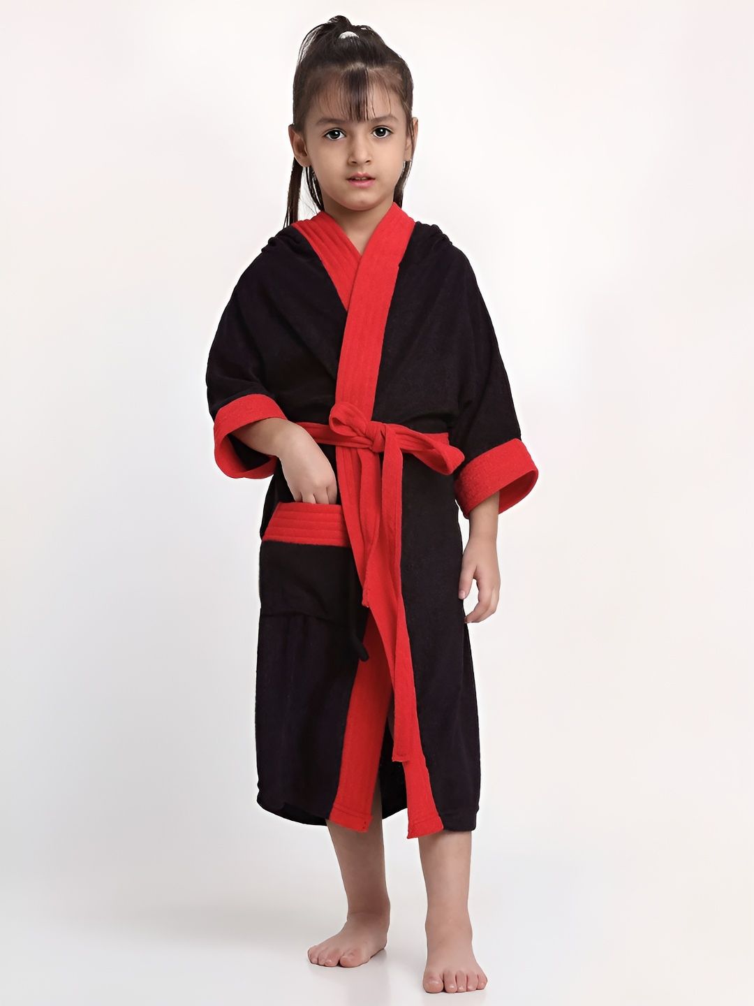 Creeva Kids Shawl Collar Mid Length Bath Robe With Belt-image-32