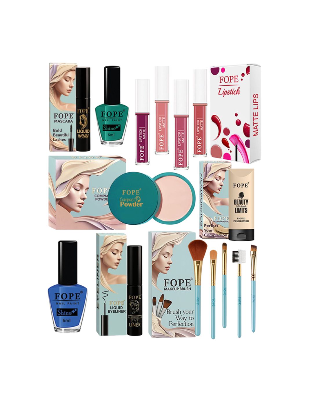 FOPE Set Of 15 Lipstick, Eyeliner, Compact Powder, Foundation Nail Polish & Makeup Brushes-image-28