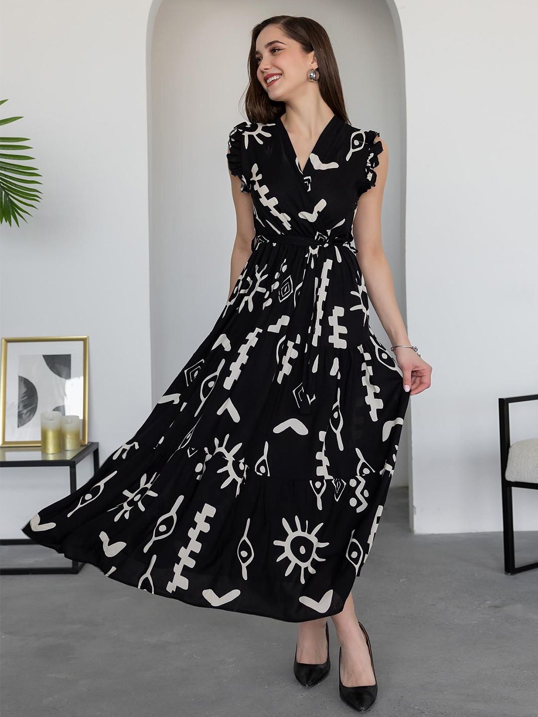 PIMU Abstract Printed Flutter Sleeve Wrap Maxi Dress-image-3
