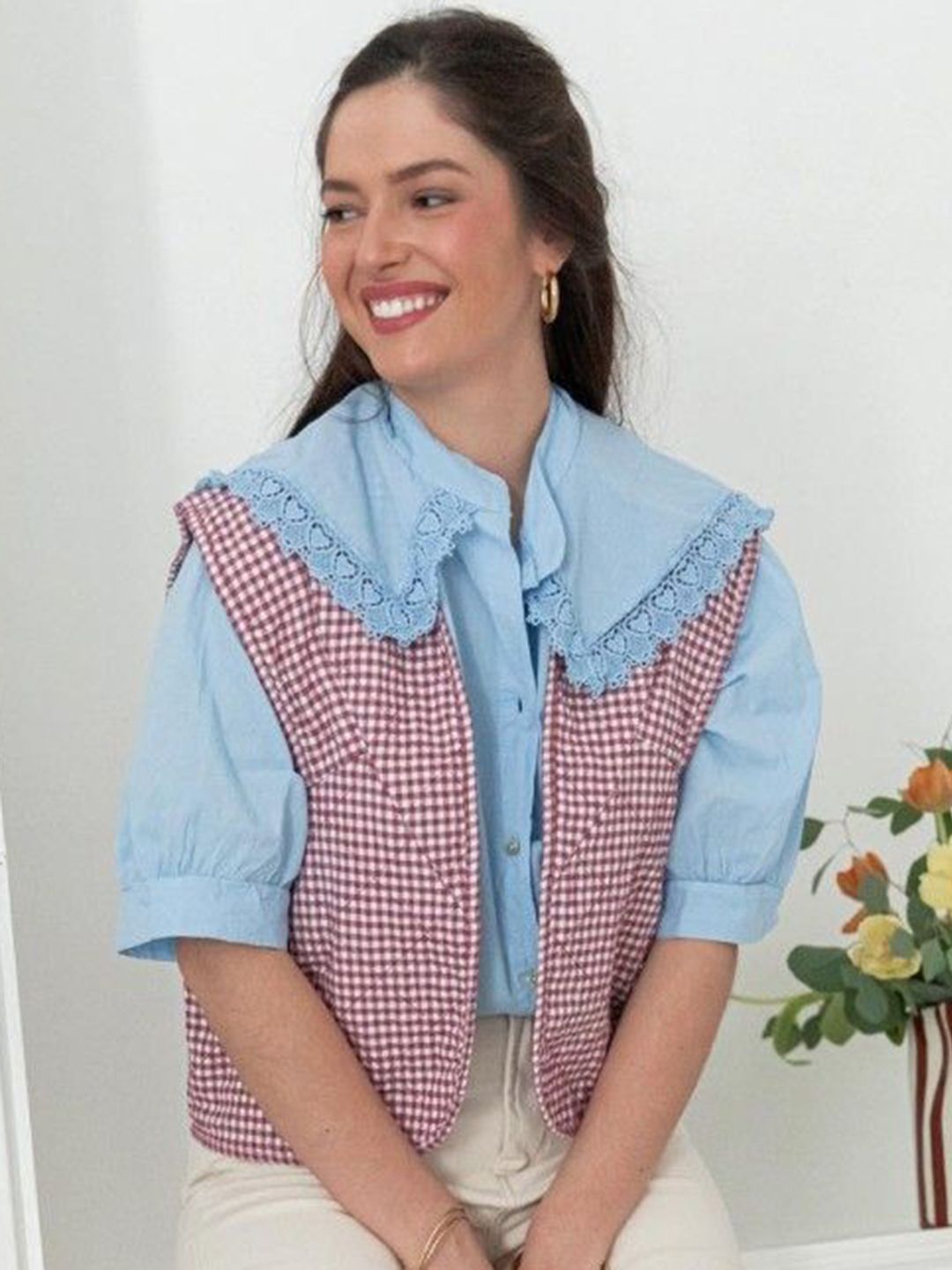 StyleCast Women Checked Shawl Collar Sleeveless Open Front Jacket-picture-13