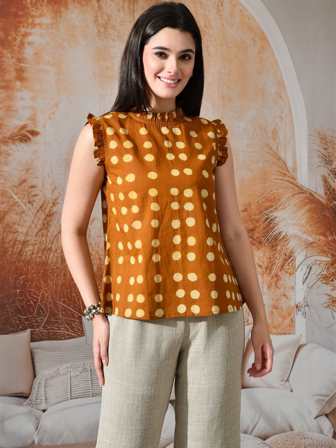 KALINI Geometric Print Ruffles Cotton Top-picture-23