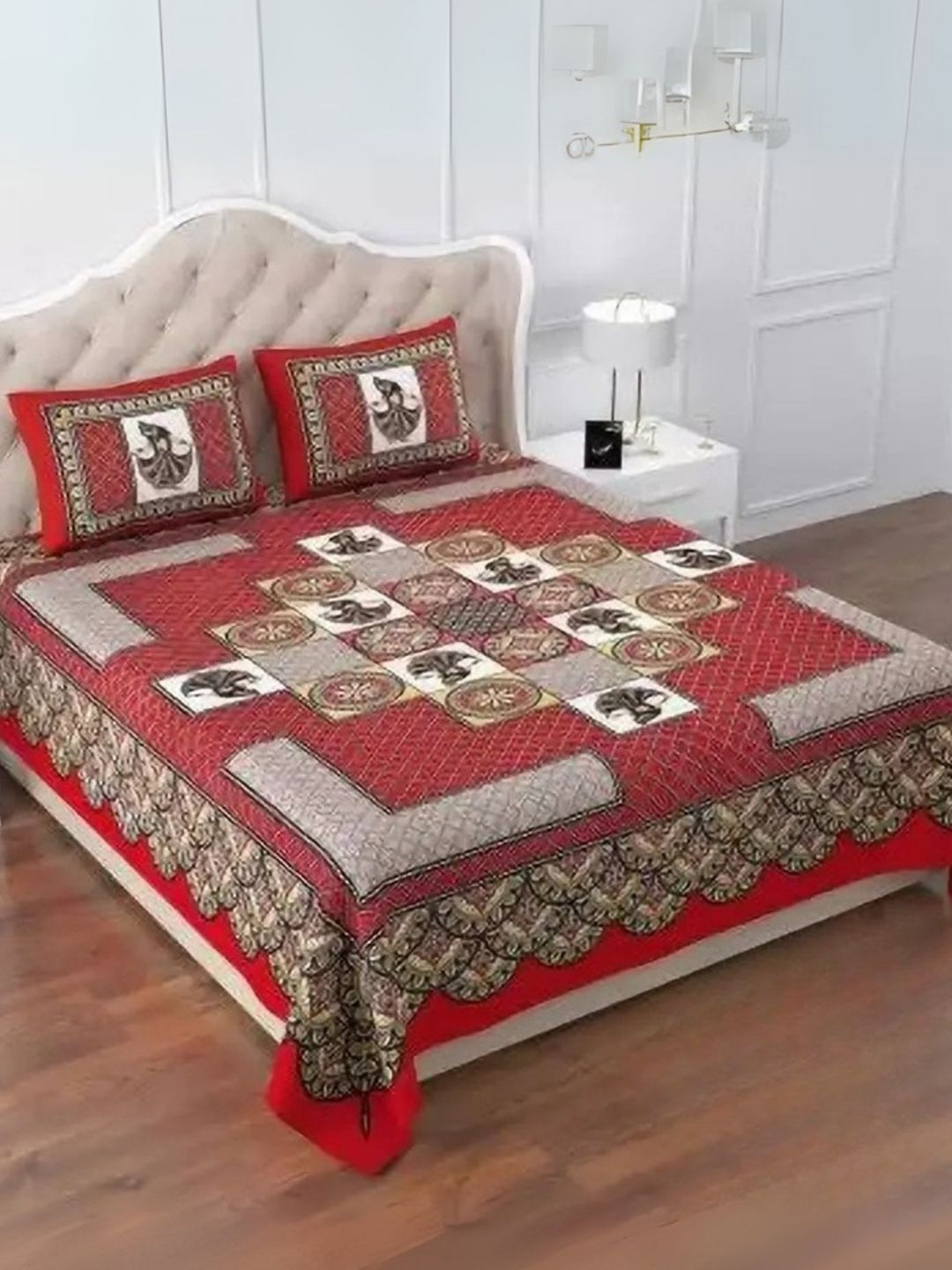 POORAK Red & White Geometric 104 TC Bedsheet with 2 Pillow Covers-image-0