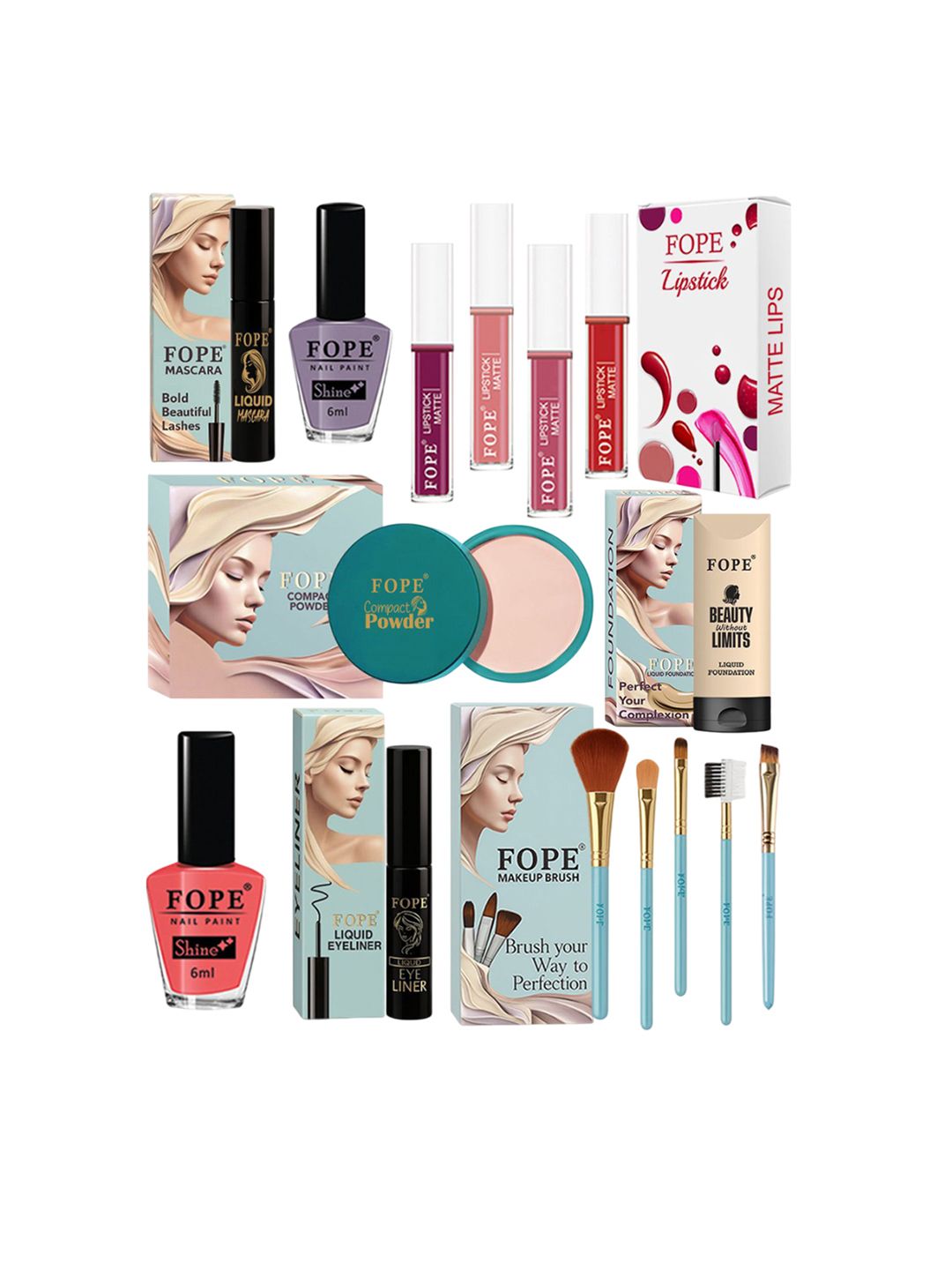 FOPE Set Of 15 Lipstick, Eyeliner, Compact Powder, Foundation Nail Polish & Makeup Brushes-image-27