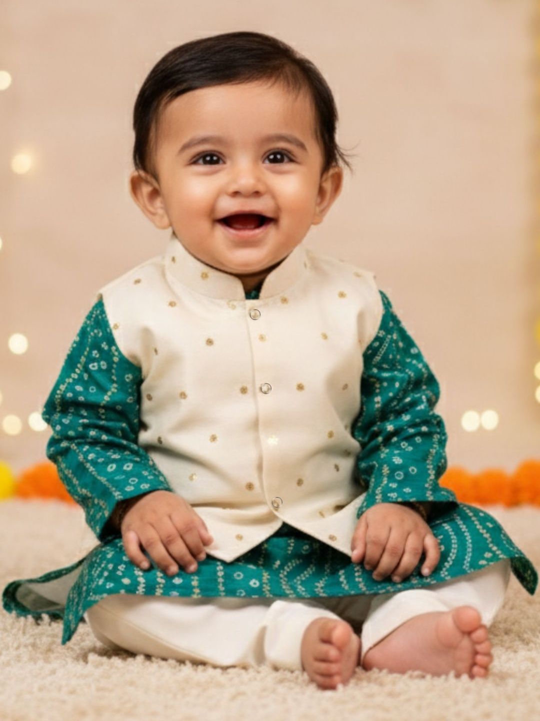 Sangria Boys Bandhani Printed Pure Cotton Kurta with Pyjamas And Waistcoat