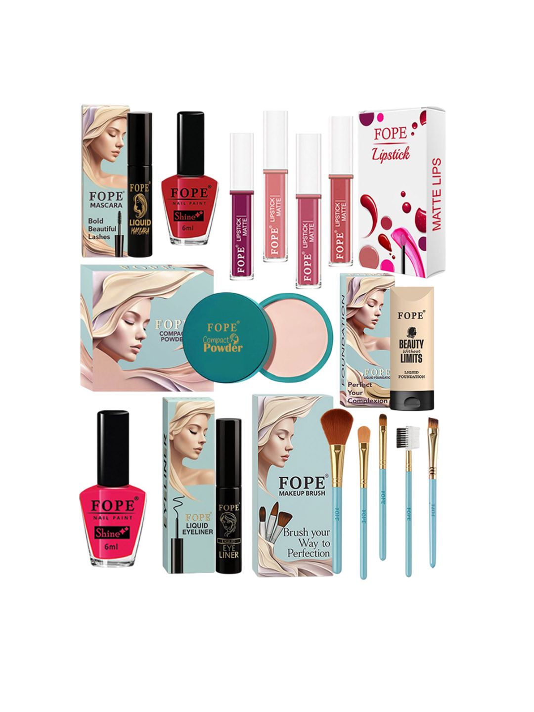 FOPE Set Of 15 Lipstick, Eyeliner, Compact Powder, Foundation Nail Polish & Makeup Brushes-image-29