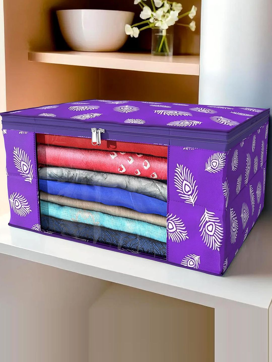 Kuber Industries Purple & White Printed Saree Cover with Zip Closure-picture-21