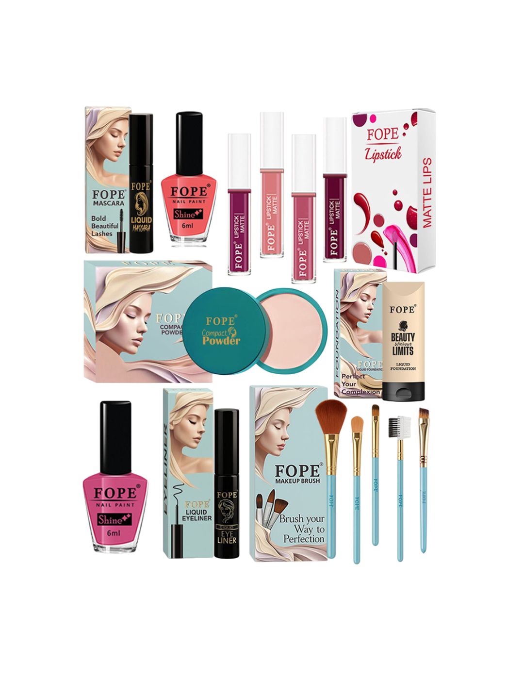 FOPE Set Of 15 Foundation, Compact, Nail Polish, Mascara, Kajal & Makeup Brush Set-image-16