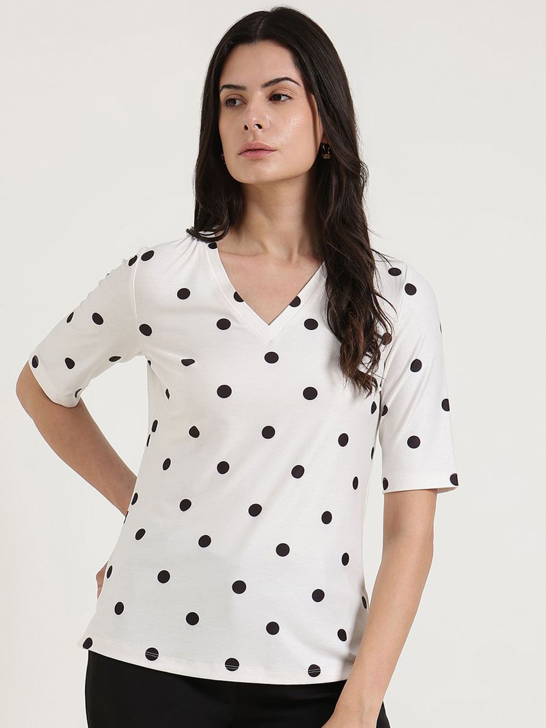 FableStreet Women Polka Dots Printed V-Neck Slim Fit T-shirt-picture-34