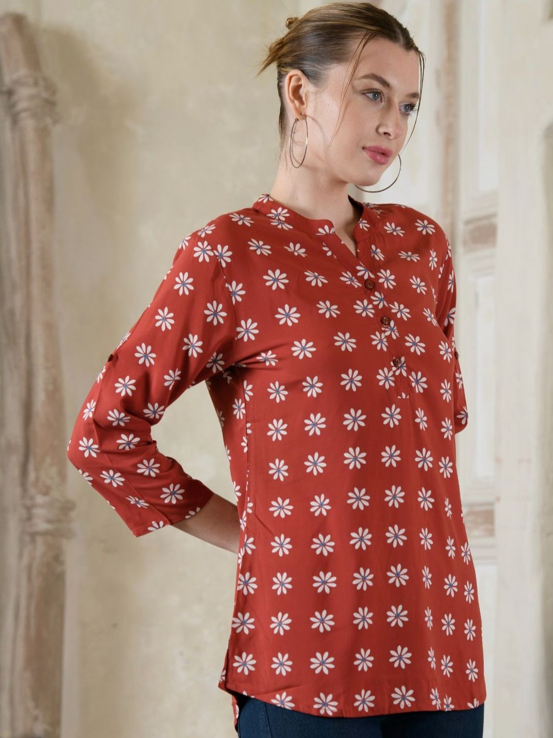 Saraj Floral Print Mandarin Collar Top-picture-39