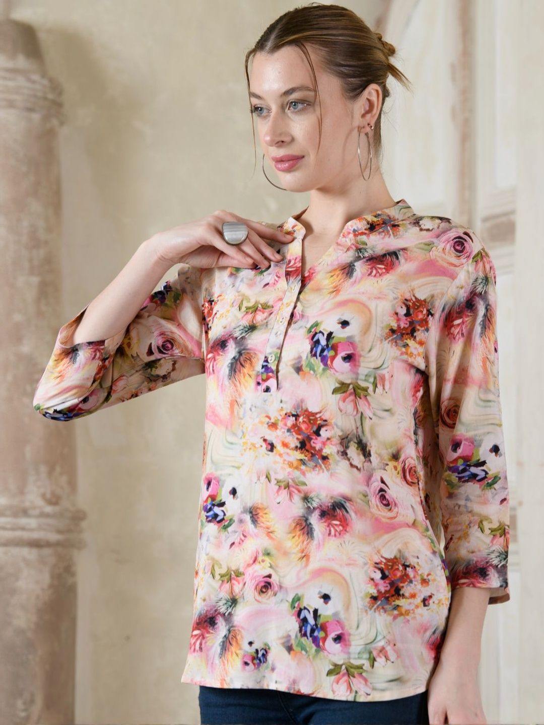 Saraj Floral Print Mandarin Collar Top-picture-19