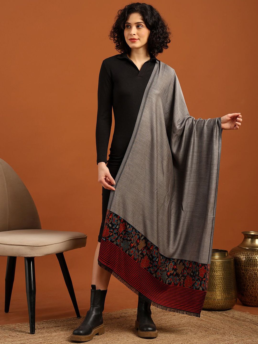 Tweedle Women Floral Woven Design Stole with Fringed Border-image-22