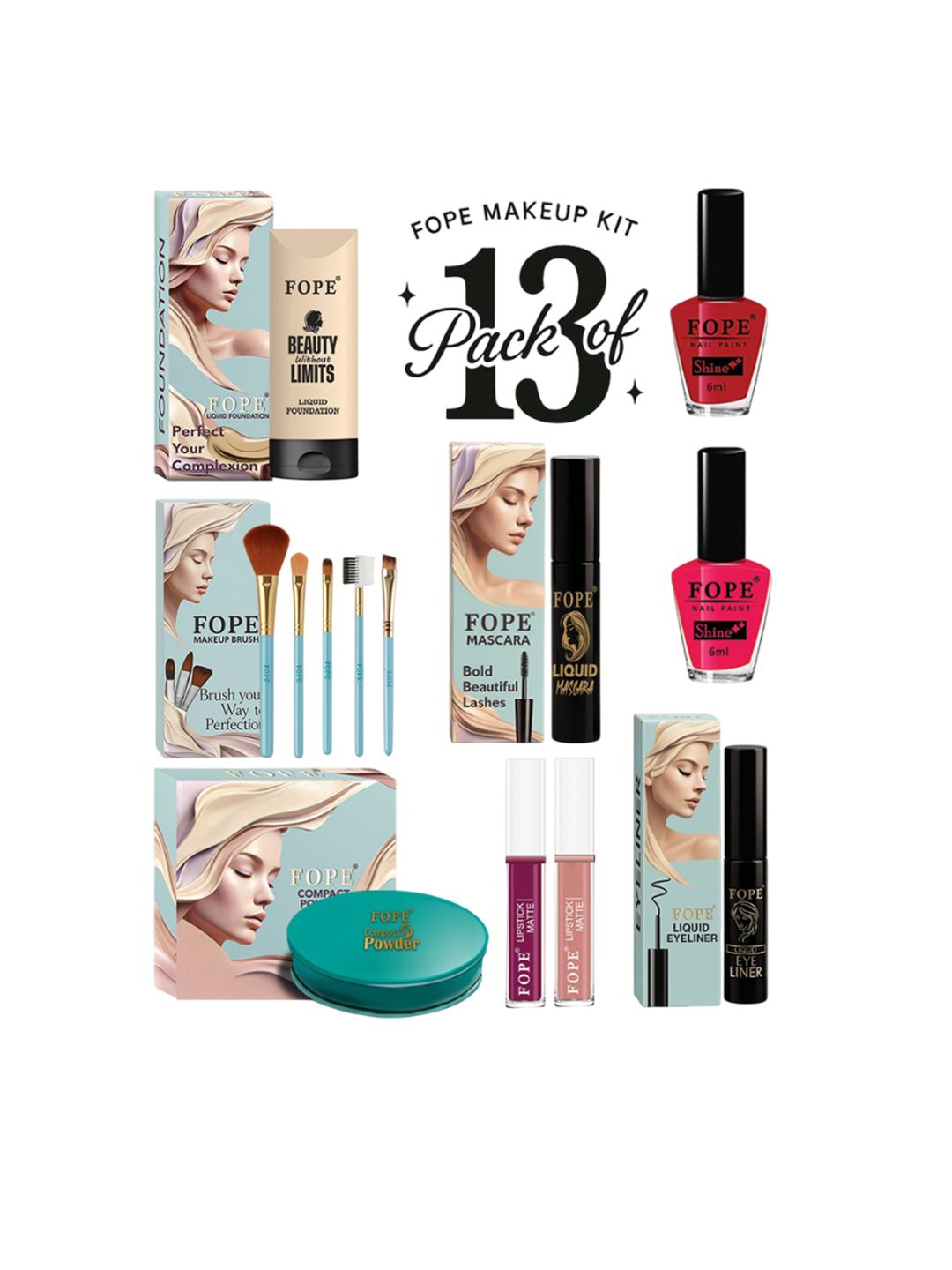 FOPE Set Of 13 Foundation, Compact, Nail Polish, Mascara, Kajal & Makeup Brush Set-image-20