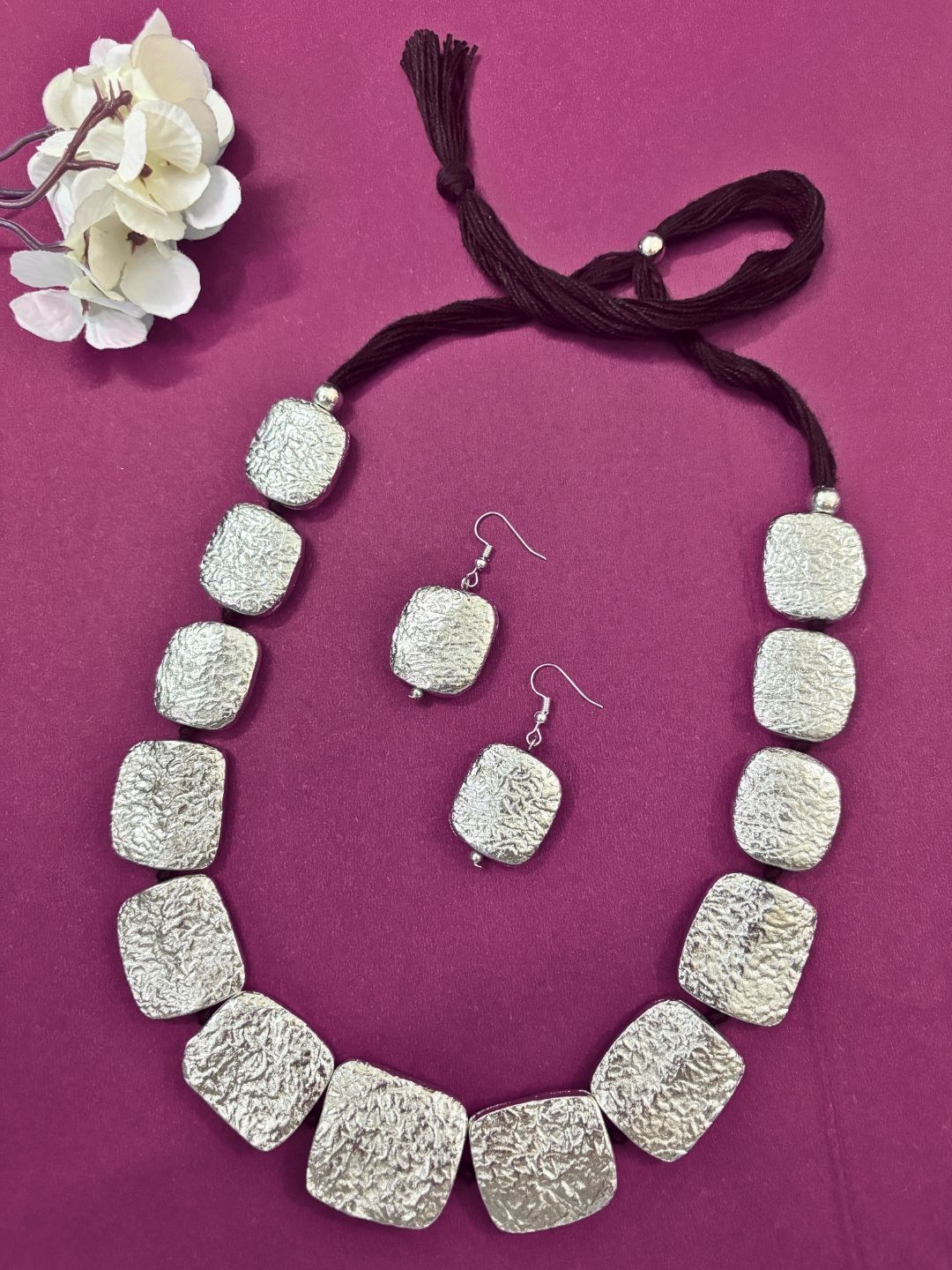 VIVAZS Silver-Plated Oxidised Antique Necklace And Earrings-picture-12