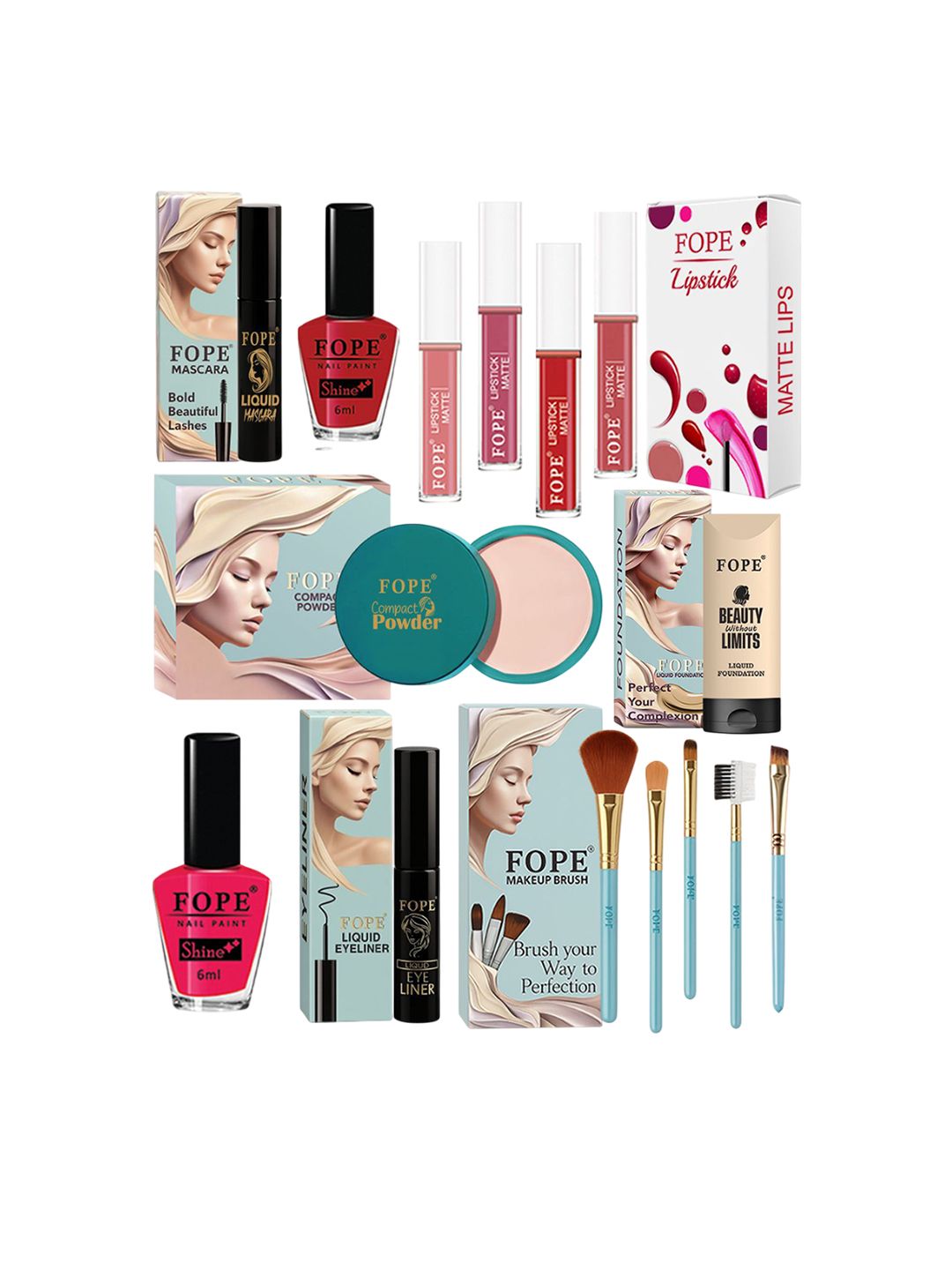 FOPE Set Of 15 Lipstick, Eyeliner, Compact Powder, Foundation Nail Polish & Makeup Brushes-image-33