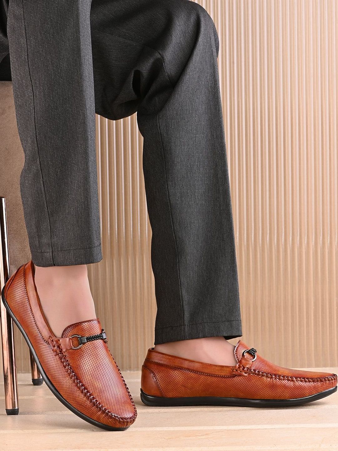 HERE&NOW Men Tan Slip-On Round Toe Solid Regular Formal Shoes-image-12
