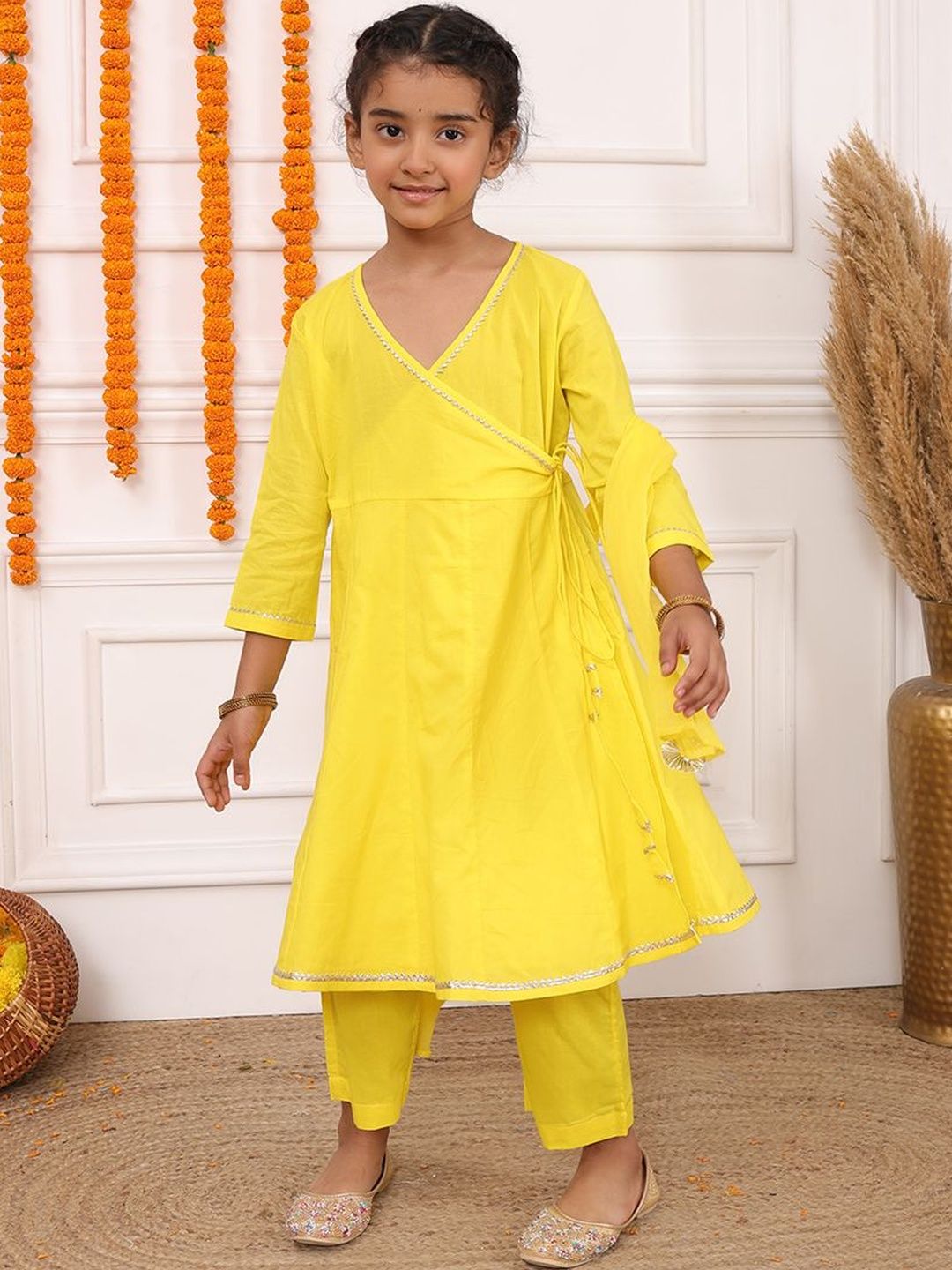 Biglilpeople Girls Angrakha Pure Cotton Anarkali Kurta With Trousers & Dupatta-picture-55