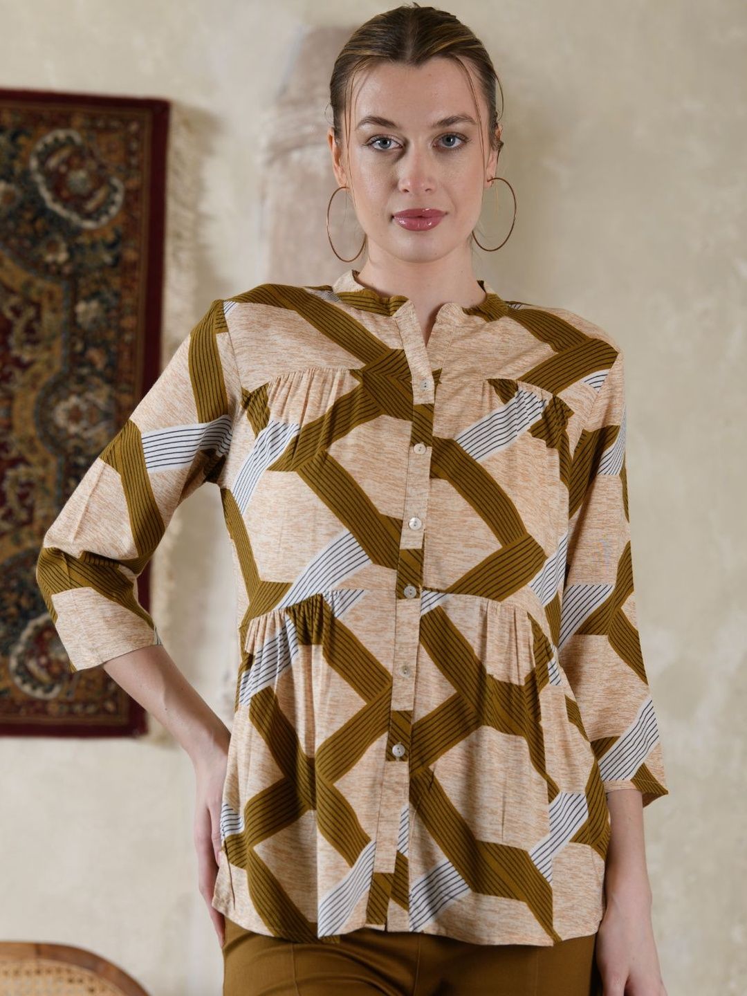 Saraj Geometric Print Mandarin Collar Top-picture-34