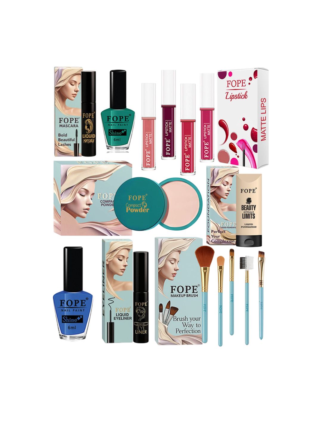 FOPE Set Of 15 Lipstick, Eyeliner, Compact Powder, Foundation Nail Polish & Makeup Brushes-image-30
