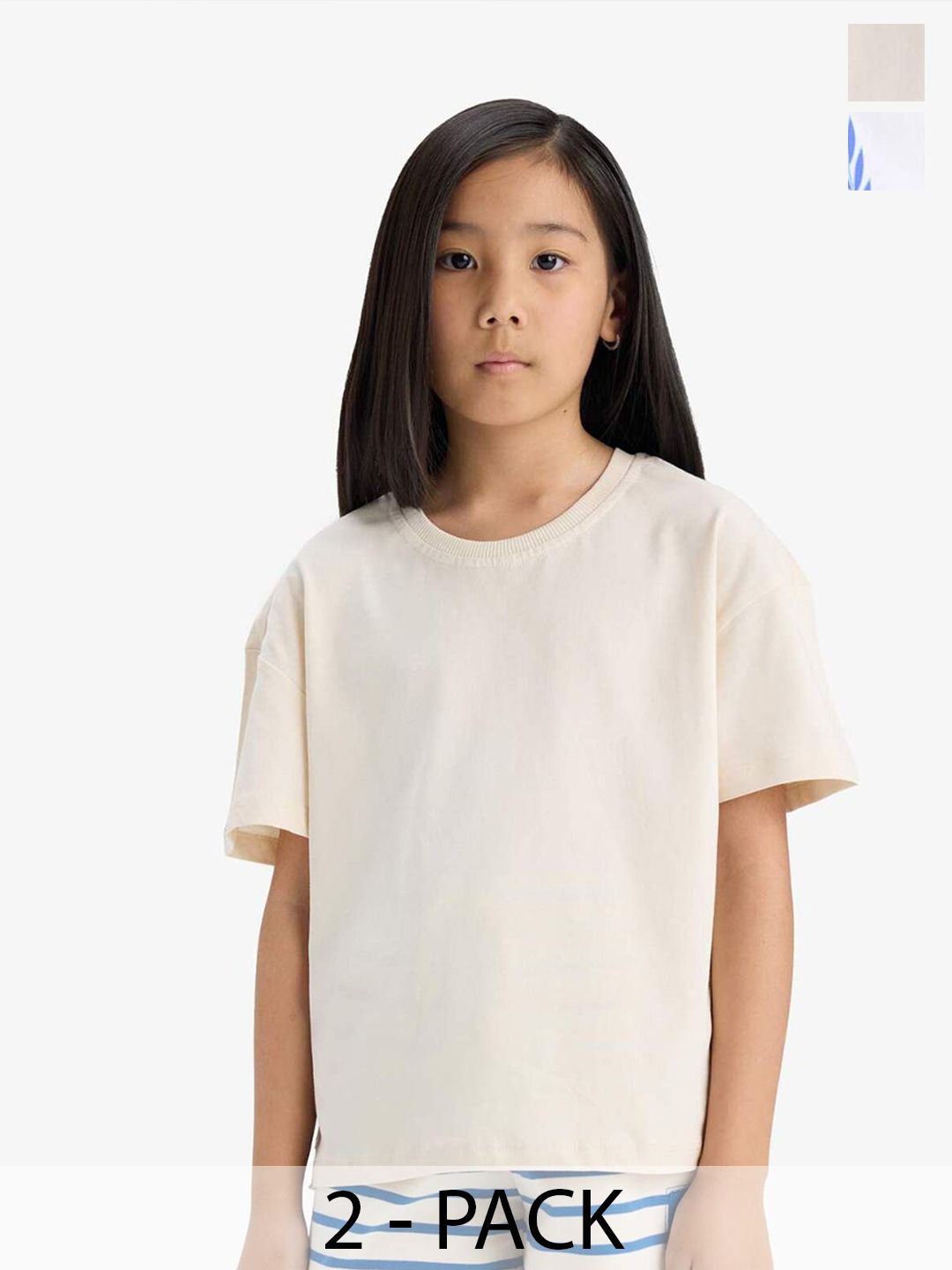 DeFacto Girls Pack of 2 Solid Round Neck Pure Cotton Relaxed Fit T-shirts-image-2