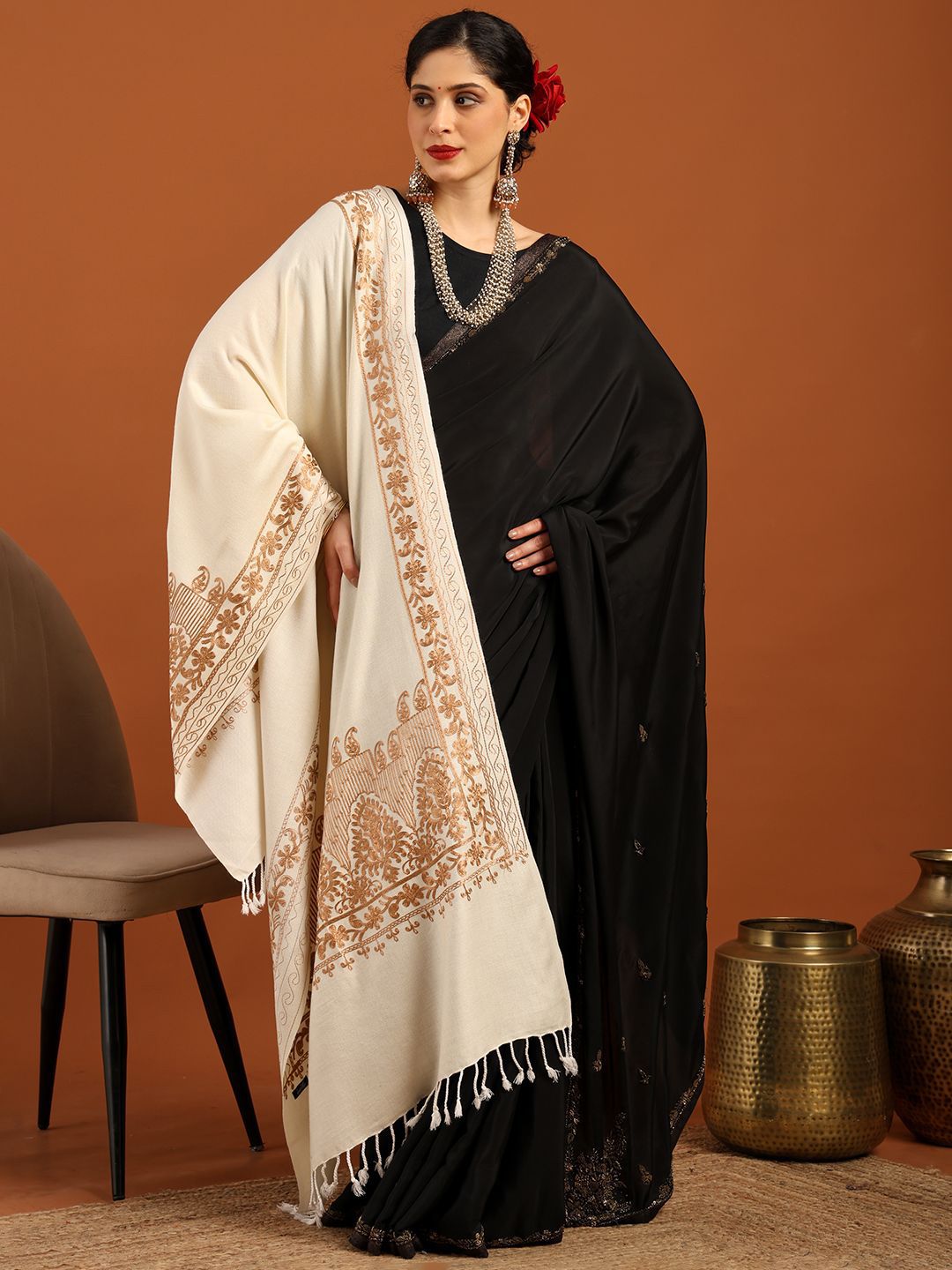 Tweedle Women Ethnic Motifs Kashmiri Aari Embroidered Tasselled Stole-image-32
