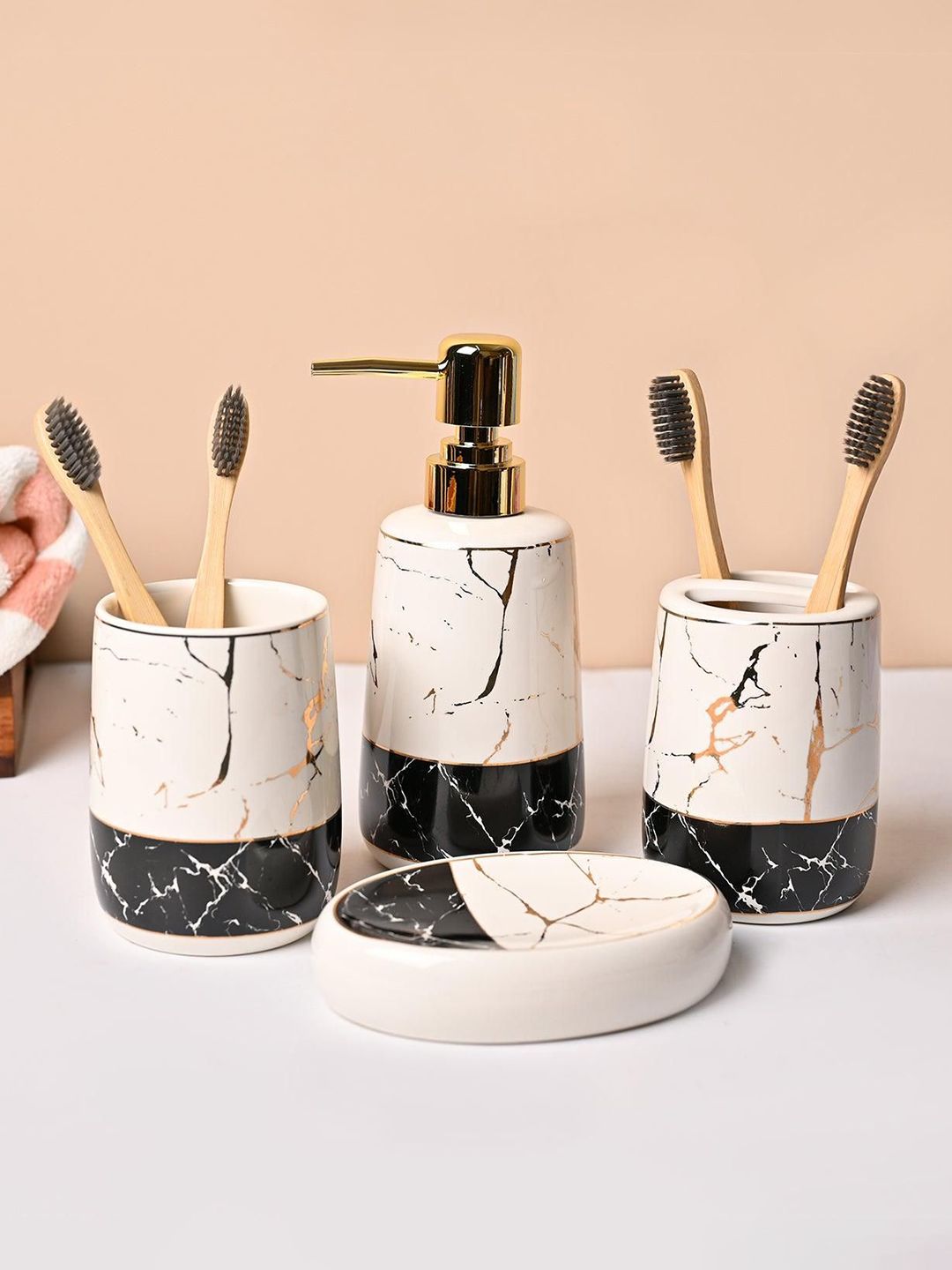 MARKET99 White & Black 4 Pieces Marble Finish Ceramic Shower Holders