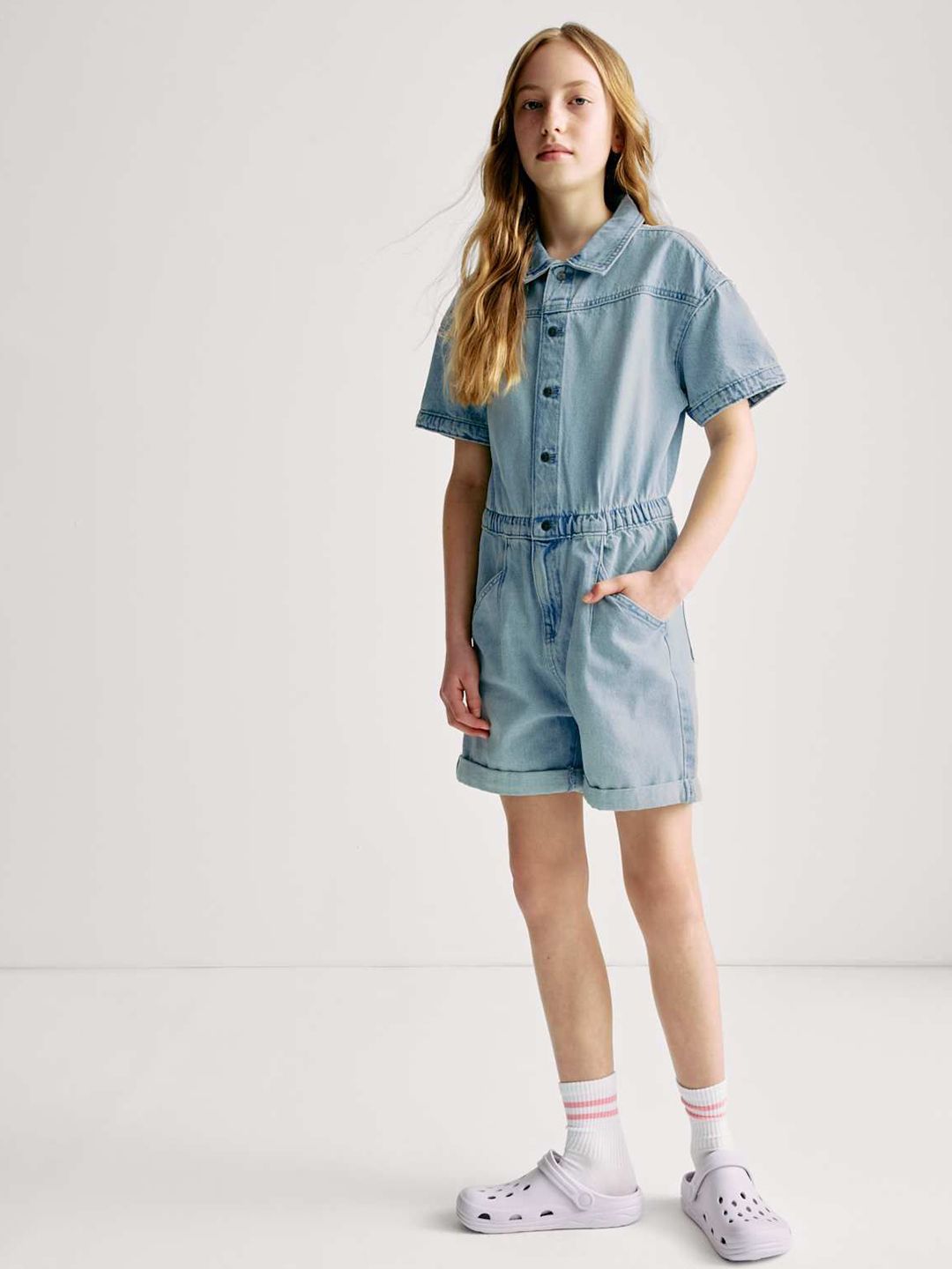 Marks & Spencer Girls Gathered Short Sleeve Pure Cotton Denim Playsuit-picture-51