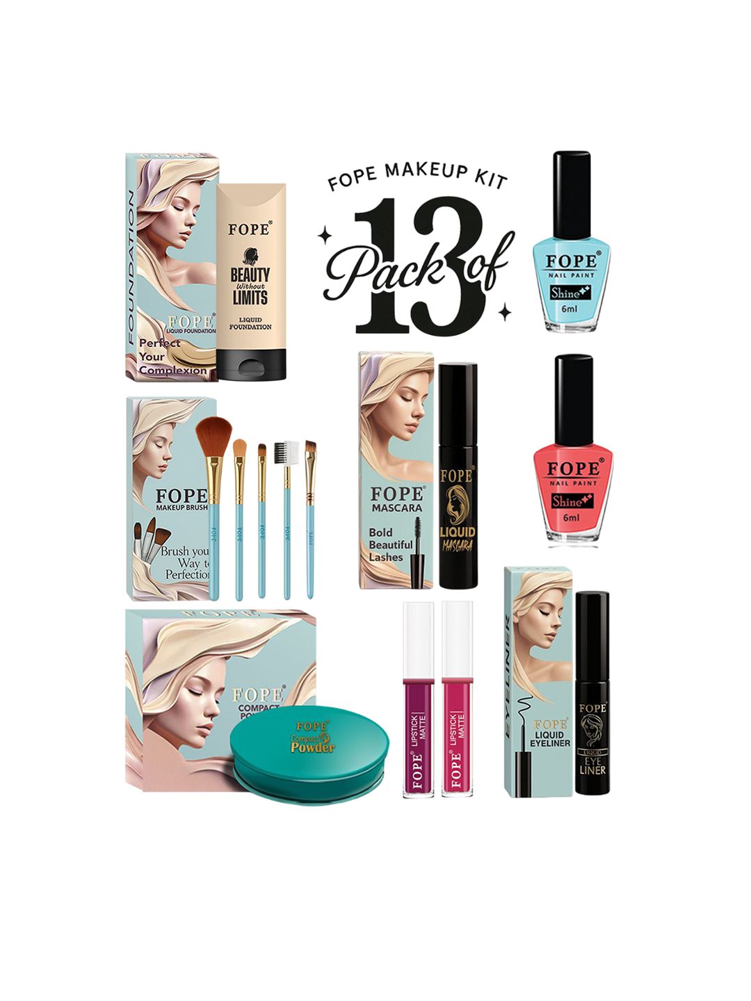 FOPE Set Of 13 Foundation, Compact, Nail Polish, Mascara, Kajal & Makeup Brush Set-image-17