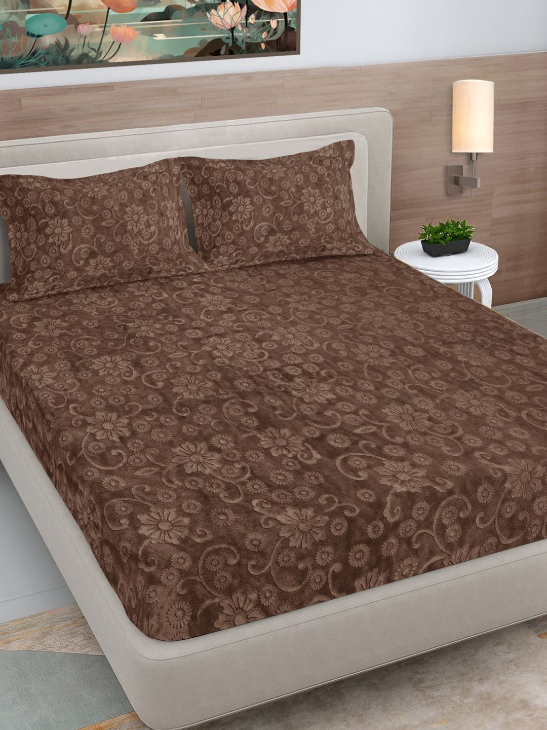 Myntra Elegant Homes Brown Floral 300 TC King Bedsheet With 2 Pillow Covers-picture-28