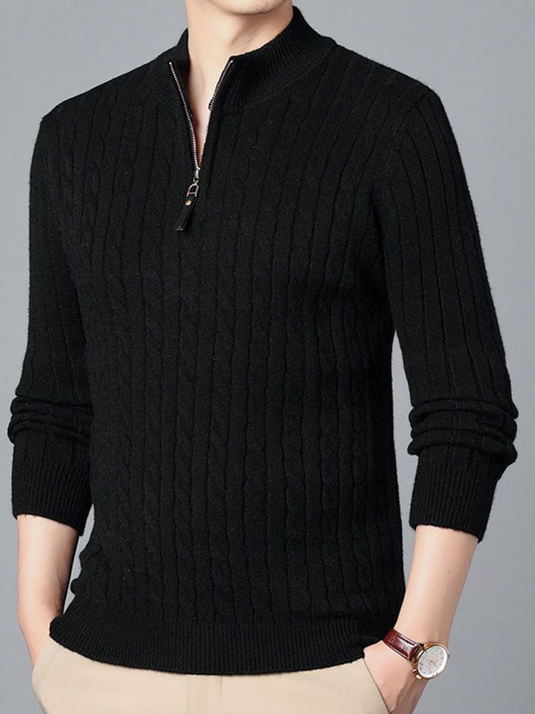 StyleCast Men Cable Knit Self Design Mock Collar Pullover-picture-32