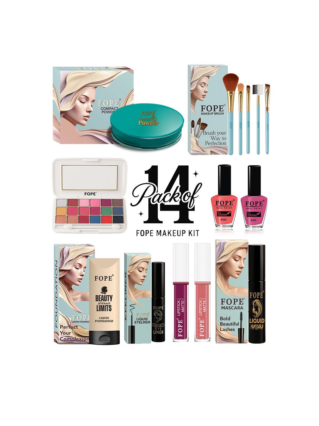 FOPE Set Of 14 Lipstick, Eyeliner, Compact Powder, Foundation Nail Polish & Makeup Brushes-image-26