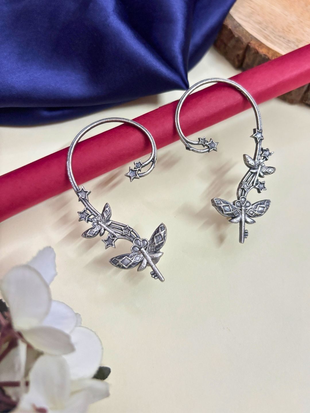 VIVAZS Silver-Plated Oxidised Butterfly Ear Cuffs-picture-11