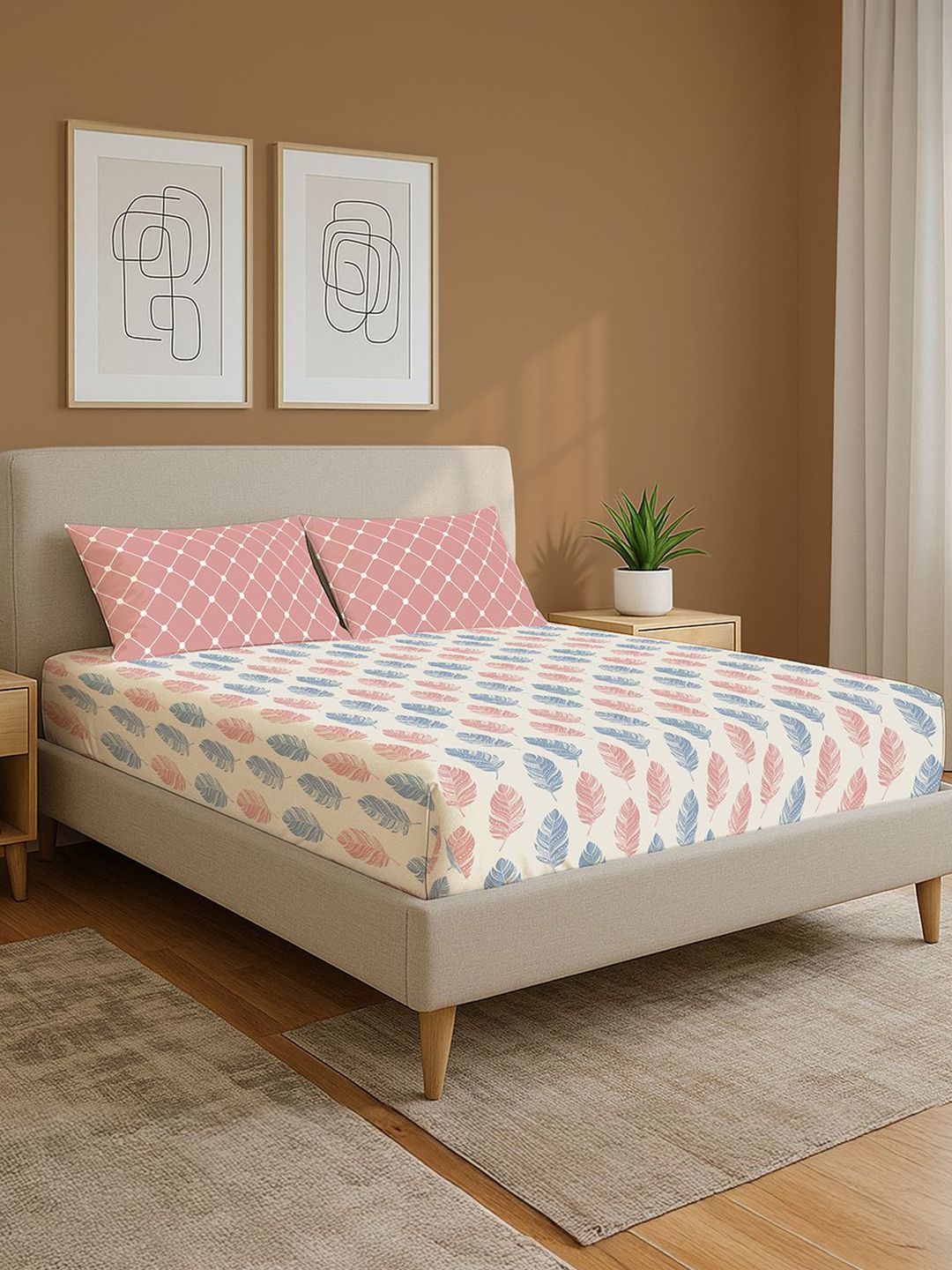 URBAN SPACE Peach Floral 144 TC Queen Bedsheet with 2 Pillow Covers-image-2