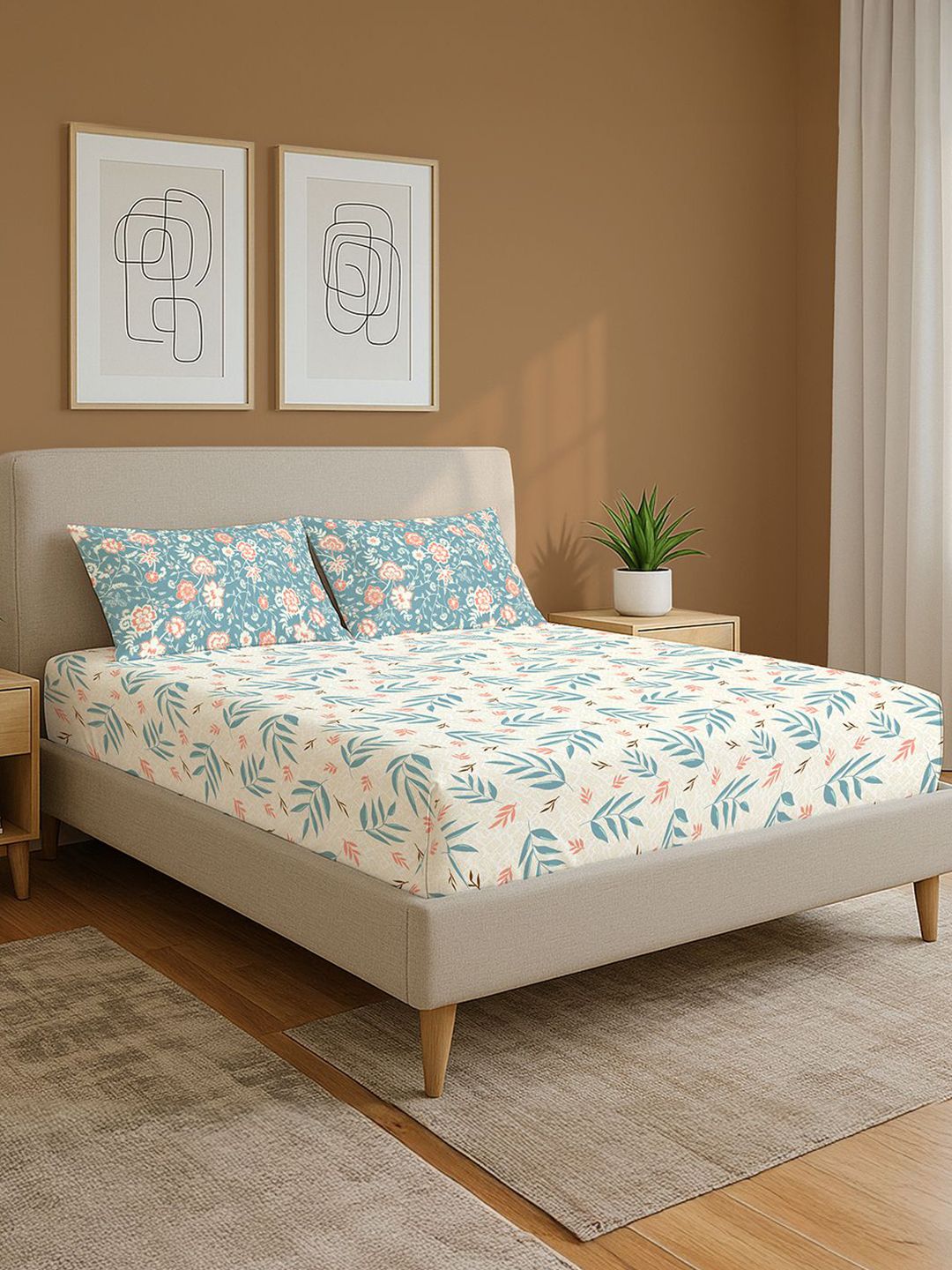 URBAN SPACE Blue Floral 144 TC Queen Bedsheet with 2 Pillow Covers-picture-34