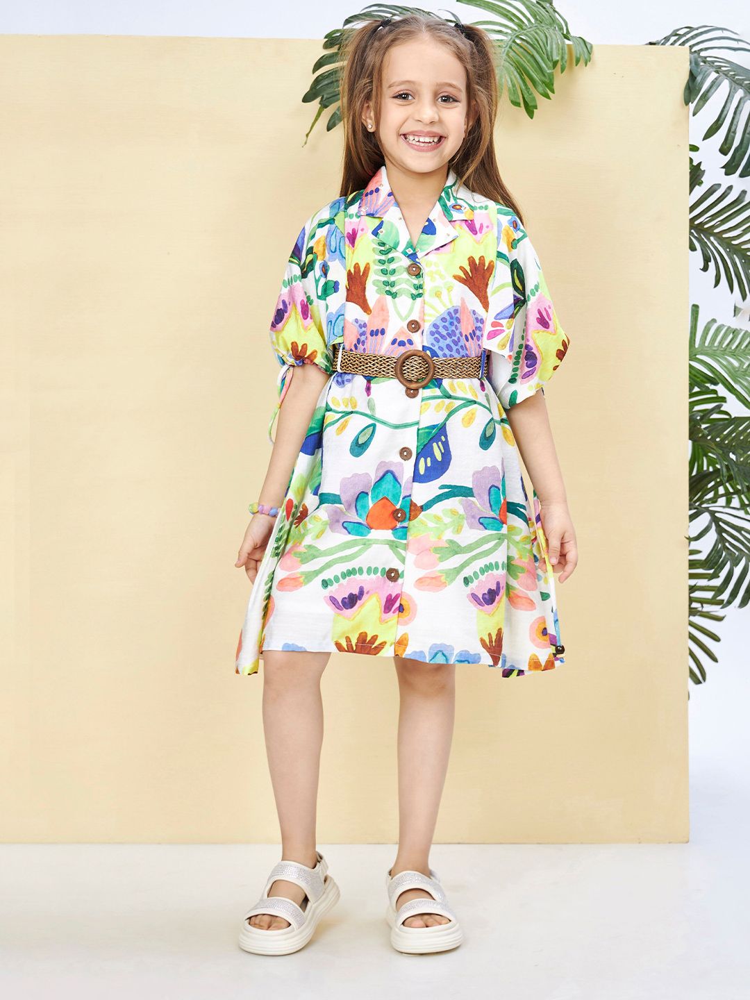 Peppermint Girls Abstract Printed Lapel Collar Puff Sleeeve A line Dress With Belt-picture-16